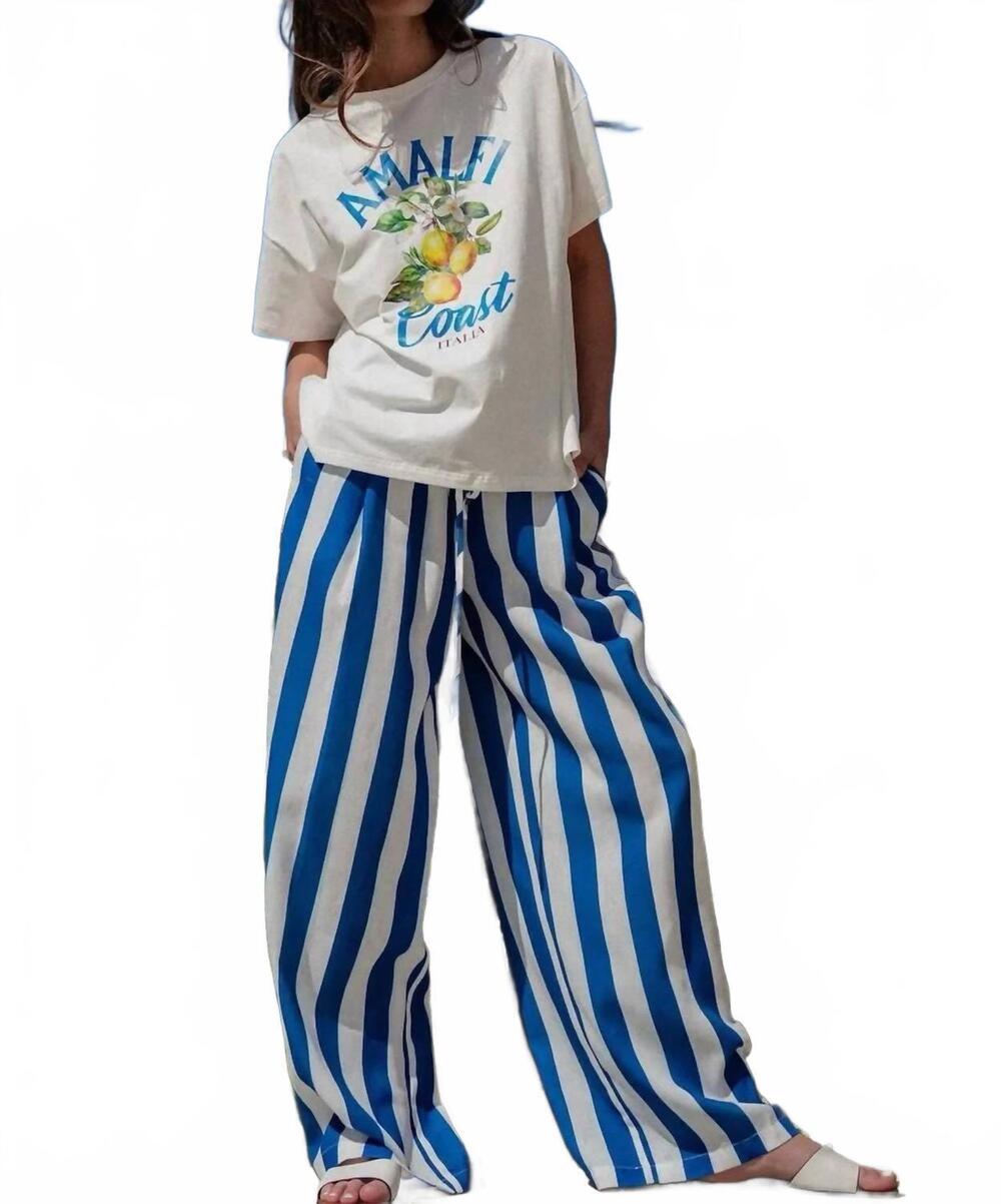 NEW URBAN DAIZY linen striped wide leg pant in blue